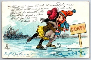 RF Outcault Valentine~Kids Kiss While Ice Skating~Danger Of Falling In Love~TUCK - Picture 1 of 2