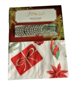 Christmas Fabric Shower Curtain Presents Candy Cane Holiday 72x70" with Hooks - Picture 1 of 12