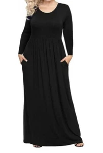 Mengpipi Long Sleeve Black Maxi Dress Crew Neck Casual Long Dress Pockets NEW - Picture 1 of 14