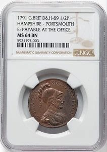 Great Britain 1791 - Hampshire Portsmouth 1/2 Penny Token - NGC MS64 BN - Superb - Picture 1 of 2