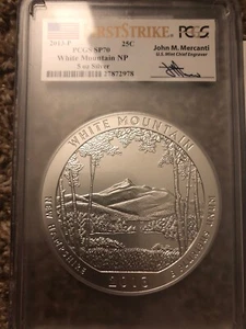 2013-P WHITE MOUNTAIN ATB 5 Oz SILVER PCGS SP70 John Mercanti FIRST STRIKE COA - Picture 1 of 3