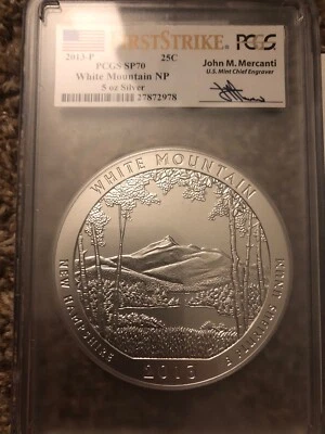 2013-P WHITE MOUNTAIN ATB 5 Oz SILVER PCGS SP70 John Mercanti FIRST STRIKE COA - Image 1 of 3