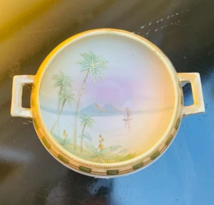 Nippon Painted Sunset Bowl Palm Tree Boat Lake Gold moriage trinket dish pyramid - Picture 1 of 12