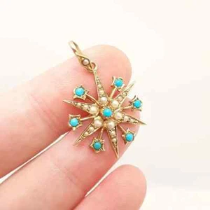 Antiguo collar colgante estrella turquesa y perlas semilla chapado en oro de 15 quilates - Imagen 1 de 9