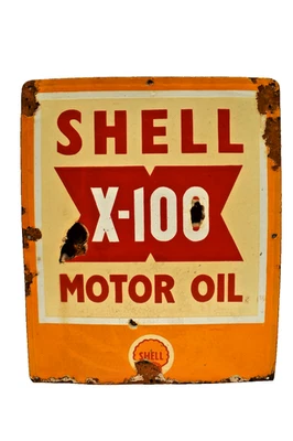 Shell X-100 Porcelain Enamel Motor Oil Sign 22x18 Vintage Gas Garage Petroliana - Image 1 of 4