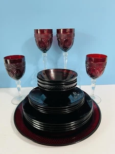 Stunning 17 Piece Cristal D’Arques Ruby Red Glass Dinnerware Set for 4 W/Platter - Picture 1 of 21