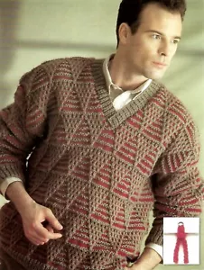MENS CHUNKY TRIANGLE STITCH V NECK SWEATER 36 - 42 inch KNITTING PATTERN - Picture 1 of 2