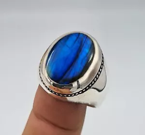 Solid 925 Sterling Silver Natural Blue Labradorite Gemstone Bohemian Men's Ring - Picture 1 of 13