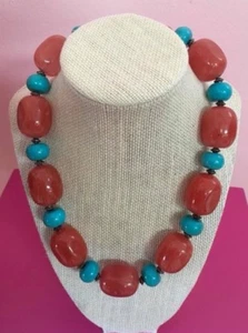 Beautiful CHUNKY Large Turquoise Beads Blue Orange Rare Vintage Womens Necklace - Picture 1 of 10