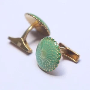 925 Sterling Silver Green Enamel Round Shape Gold Plated Wedding Cufflink - Picture 1 of 4
