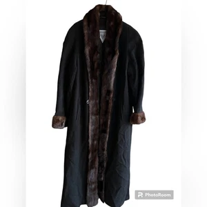 Vintage Marvin Richards langer schwarzer Woll Kaschmir Mantel echter Nerz Pelzbesatz  - Bild 1 von 8