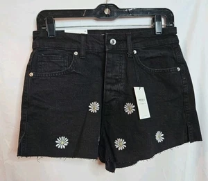 Pantaloncini corti tagliati FOREVER 21 taglia 27, 28, 31 in denim nero ricamato margherite - Foto 1 di 3