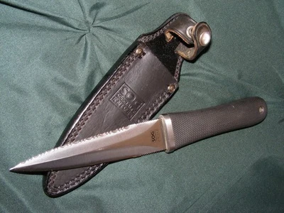 老式罕见 SOG Seki 日本五角大楼锯齿靴刀带皮革鞘 — 第 1/4 张图片