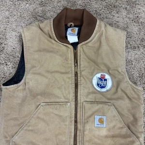 VTG Carhartt Canvas Duck VEST Quilt Lined Lone Star Beer Patch Sz M? S? Distress - Picture 1 of 18