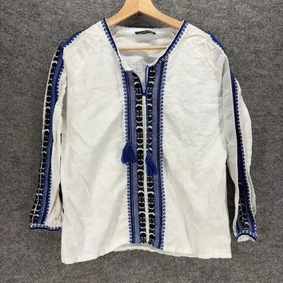 Blusa Aqua Mujer 6 Blanca Geométrica Cuello en V Borlas Manga Larga Lino Informal Foto 1 de 4