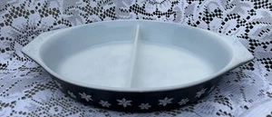 Vintage Pyrex Black Snowflake Casserole Divided Dish - Picture 1 of 12