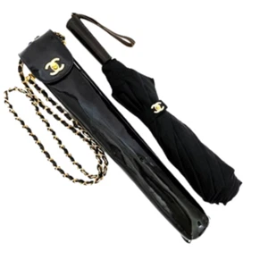 Chanel Folding Umbrella Coco Mark CC Logo Enamel Case Black Gold Used - Picture 1 of 21