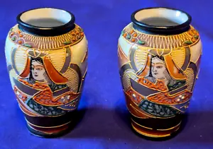 TWO Vintage Porcelain Small Satsuma Moriage Japan Geisha Girl Vases - Picture 1 of 3