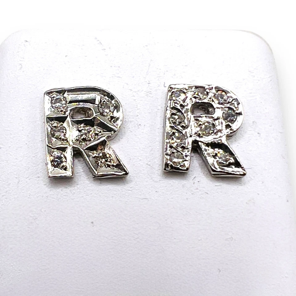 Solid 14k White Gold Initial Letter R Diamond Stud Earrings - Image 1 of 4
