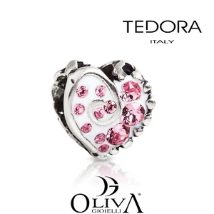 TEDORA BEAD ARGENTO 925 TENERO AMORE CUORE SMALTO BIANCO SWAROVSKI ROSA SV 007 - Foto 1 di 4