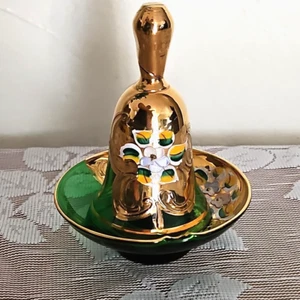 Vintage Sammlerstück Murano smaragdgrüne Glasglocke & Untertasse 24KT GOLD & Blumen - Bild 1 von 13