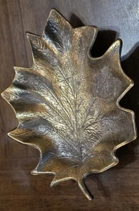 9½" Vintage Solid Brass Maple Leaf Trinket Tray Dish By Bassick Sack - Picture 1 of 6