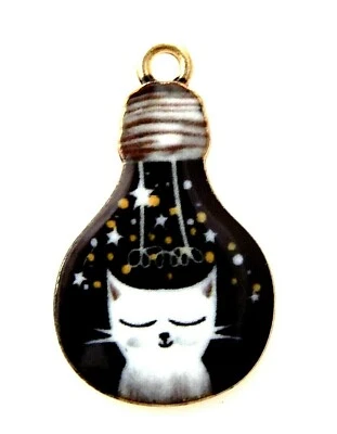 4 Colorful Enamel Kitty Cat on a Bulb Gold Bead Drop 28mm Charms Pendants - Image 1 of 4