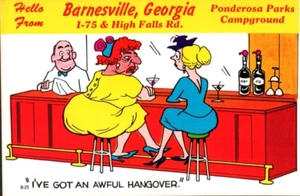 Postkarte Humor Hallo aus Barnesville Georgia Ive bekam einen schrecklichen Kater 1950er - Bild 1 von 2
