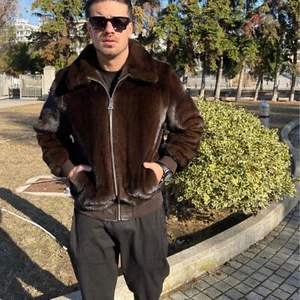 New Men's Fashion Full Pelt Natural Mink Fur Bomber Jackets Winter Collared Coat - Picture 1 of 7