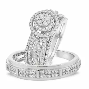 Trio Ring Set White Gold Over Created Diamond Engagement His Her Bridal Band - Picture 1 of 3