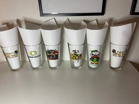 6 PC Set Oregon Ducks Beavers Pint Glass 100th 105th Civil War Rose Bowl Bud Cover