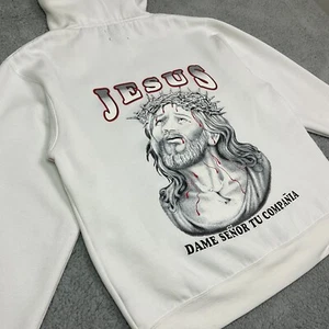 Vintage Jesus Christ Crucifixion Full Zip Hoodie Mens XL White Thrashed Y2K - Picture 1 of 18