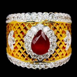 GENUINE BLOOD RED RUBY PEAR & WHITE CZ BRASS YELLOW GOLD PLATED RING FREE SIZE - Picture 1 of 6