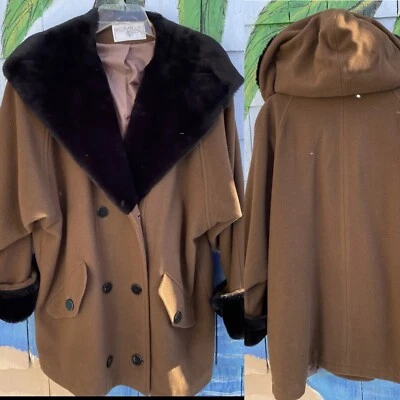 Винтажный международной сцены коричневый шерсти пальто w/плюшевый воротник капюшон женский размер 12 - Изображение 1 из 4