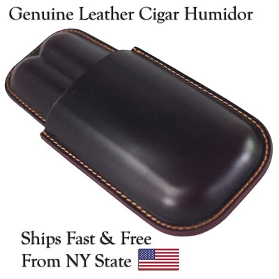 Leather Cigar Case Travel Humidor Box for 2 Cigars – Portable Pouch - Image 1 of 4