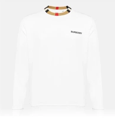 全新 BURBERRY JARRAD 白色 COTTON ICON 条纹领 黑色标志针织衫 — 第 1/4 张图片