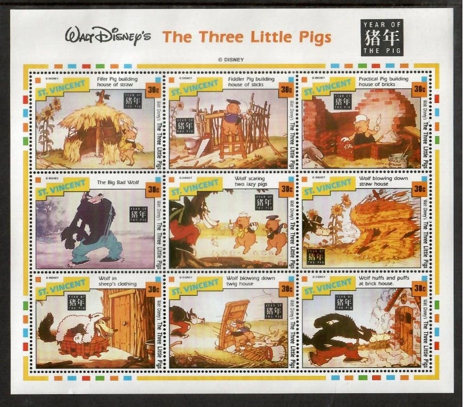 St. Vincent 1995 - Disney - 3 Little Pigs - Sheet of 9 Stamps Scott #2144 - MNH - Image 1 of 1