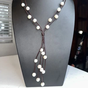 Multi strand brown leather floating pearl necklace - Picture 1 of 8