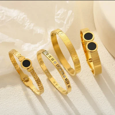 silver-toned stainless steel Roman numeral bangle bracelet with cubic... - Image 1 of 4