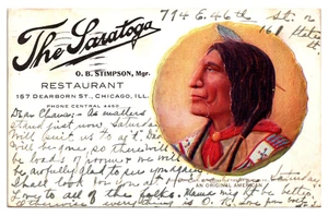 CHICAGO ILLINOIS - THE SARATOGA RESTAURANT - NATIVE AMERICAN - 1907 OLD POSTCARD - Picture 1 of 2
