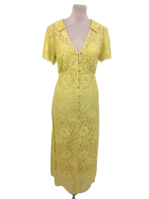 M&S Women's Yellow Lace Empire Waist Collar Gem Button Front Eyelash Lace New F1 - Image 1 of 4