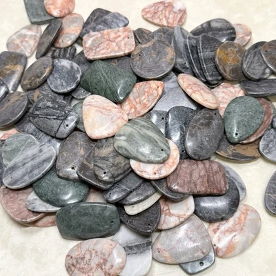 Mixed Marble Stone Pendants - Random Pull of 6 - Green, Red Line, Brown, & Gray - Image 1 of 4