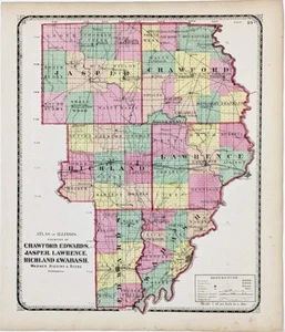 1871 ILLINOIS Counties Map WABASH RICHLAND CRAWFORD LAWRENCE JASPER EDWARDS - Picture 1 of 4