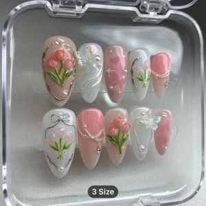 10pcs Handcrafted Y2K Chic Press On Nails Set- Tulip And Pearl 3D Design Size M - Picture 1 of 3