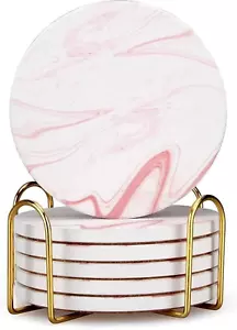 Cute Pink Marble Coasters Set of 6 Pack Stone Coffee Table Decor Absorbent Ceram - Picture 1 of 12
