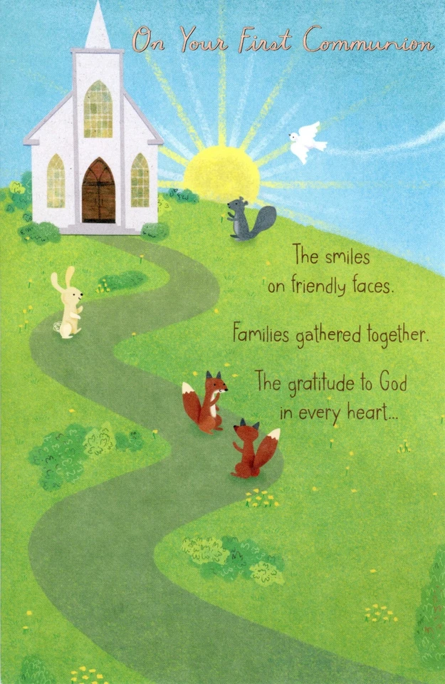 Cute FIRST COMMUNION Card, Animal Church Gratitude God by American Greetings +✉ - Image 1 of 4