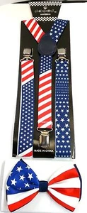 American USA Flag Patriotic Bow tie and USA American Flag Y-Back Suspenders-New! - Picture 1 of 1