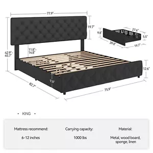 Full Queen King Size Linen Upholstered Platform Bed Frame with 4 Storage Drawers - Picture 1 of 49