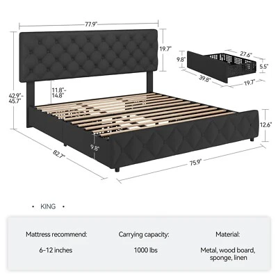 Full Queen King Size Linen Upholstered Platform Bed Frame with 4 Storage Drawers - Image 1 of 4