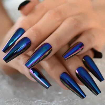 SURE THINGS 24 Blue Chameleon Chrome Mirror extra Long Coffin Press On Nails Set glue